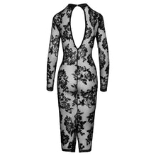 Load image into Gallery viewer, Noir Tight Fitting Floral Transparent Dress
